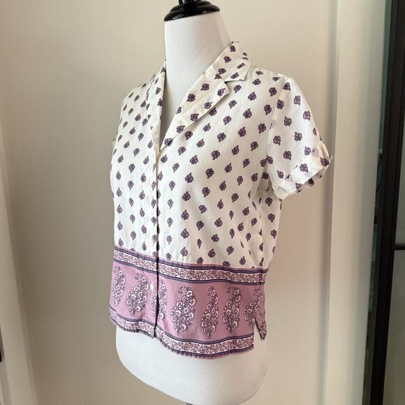 Banana Republic Block Print Button Down Top Size XXSP Petite Cotton Casual - Picture 2 of 11